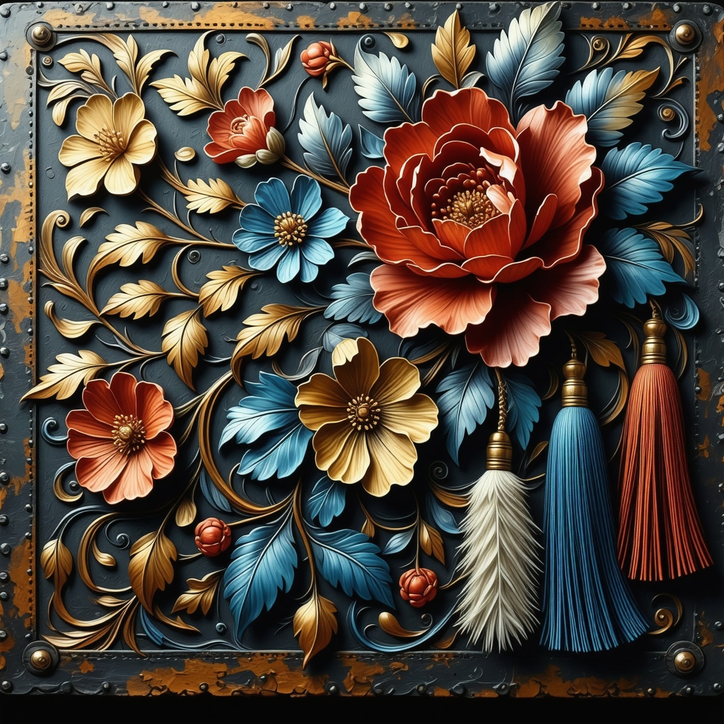 Close-up of intricately carved Western floral leather art featuring mixed media enhancements and vibrant layered dyes
