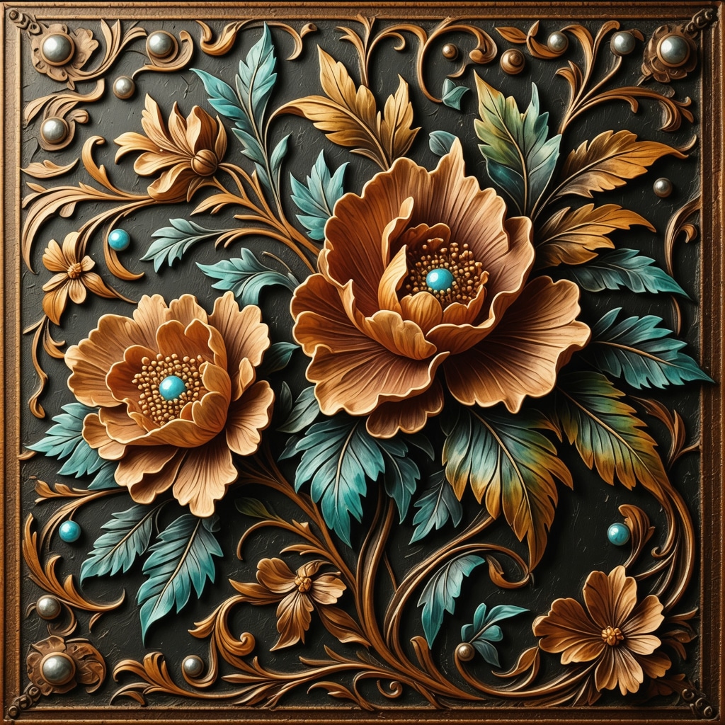 Detailed image of Western floral leather carving featuring textural depth and mixed media embellishments