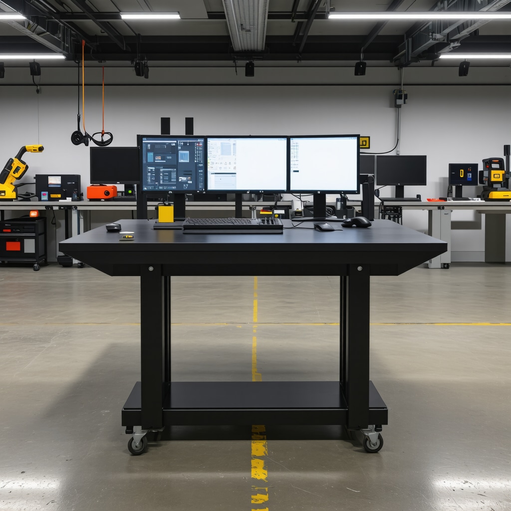 High-tech ergonomic workbench featuring sensors, adjustable footrests, AI controls, and adaptive surface materials