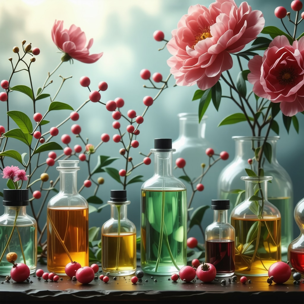 Close-up of flowers, synthetic aroma molecules in glassware, and fragrance layering chart