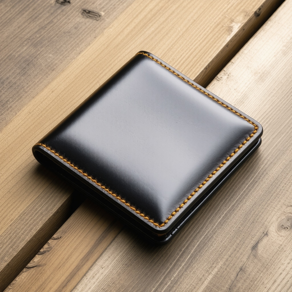 Close-up of a handcrafted leather wallet with glossy water-repellent surface on wooden background