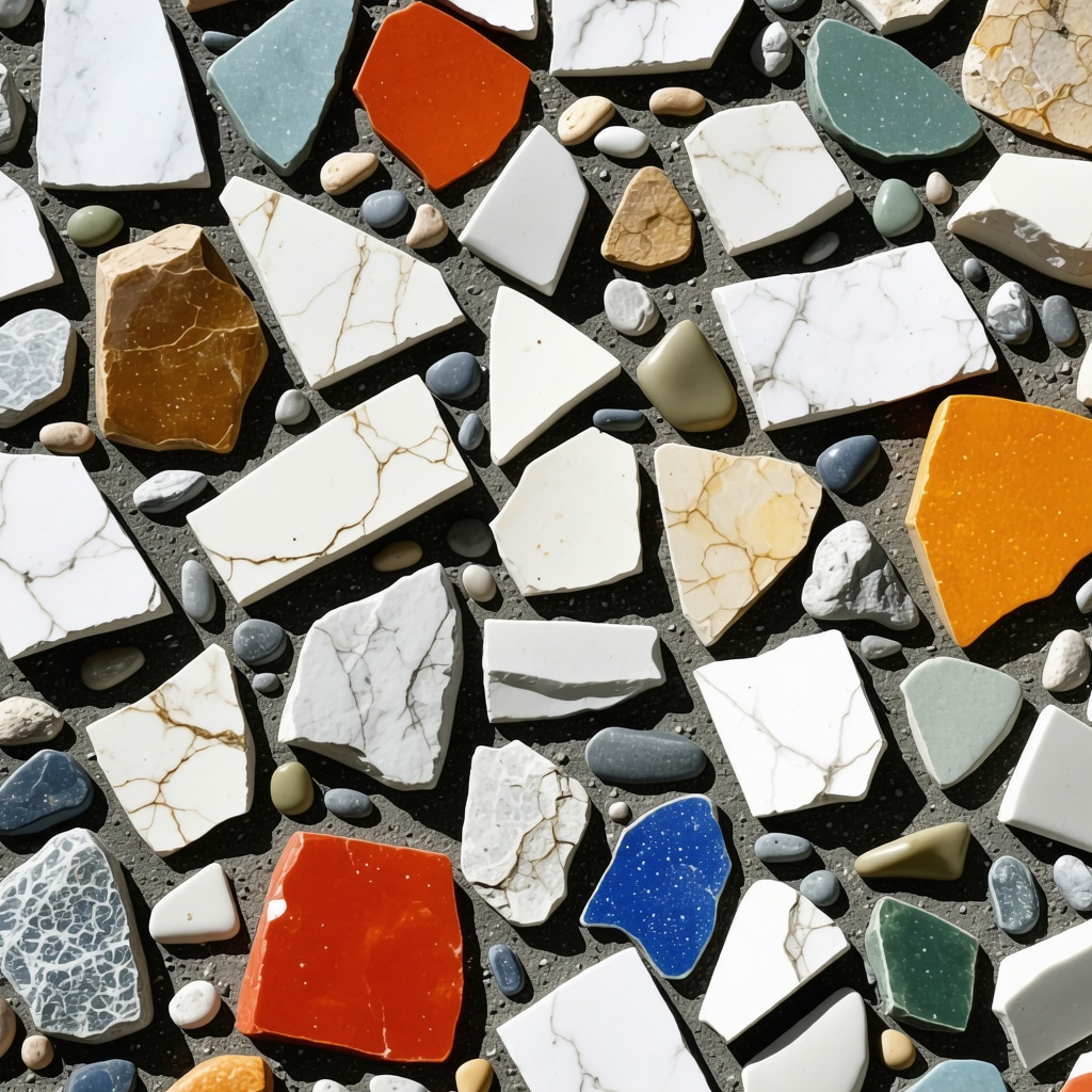 Close-up image of colorful garden mosaic made from broken ceramics and epoxy grout in natural outdoor light
