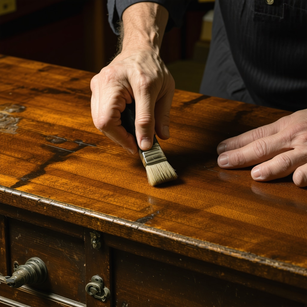 Close-up of a craftsman applying French polish with a traditional fad on mahogany antique furniture