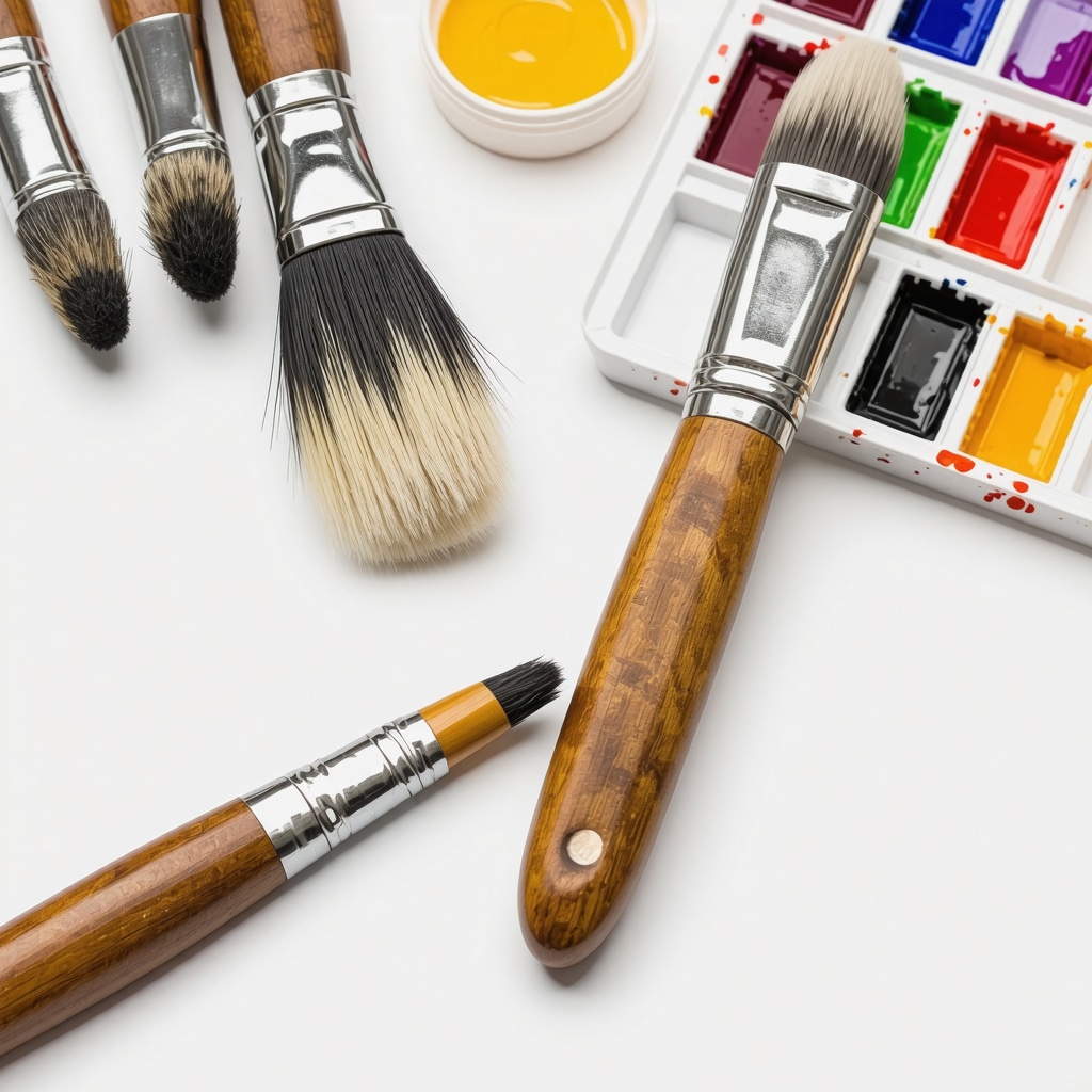 Close-up of a custom paintbrush with ergonomic handle, hybrid natural-synthetic bristles, and detailed ferrule on artist's workbench