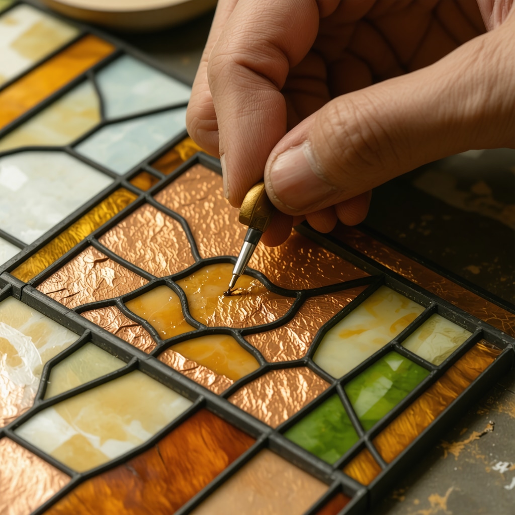 Close-up image of copper foil being wrapped around stained glass edges with a burnishing tool
