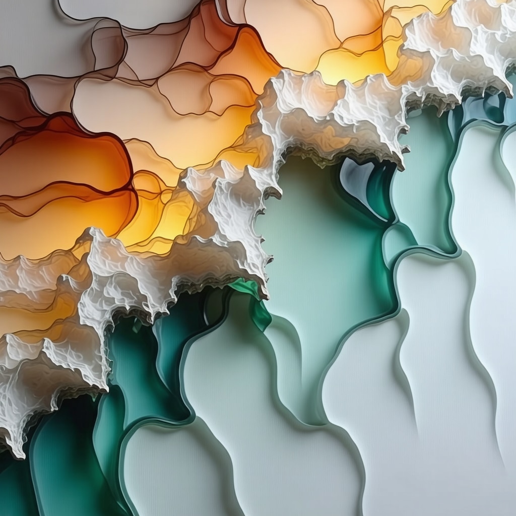Multi-layered mixed media art illuminated to reveal texture and resin encapsulation effects