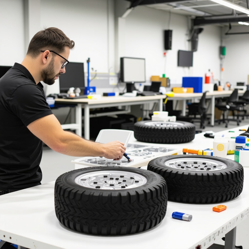 Designer working on digital models of modular tire playground equipment with advanced materials displayed