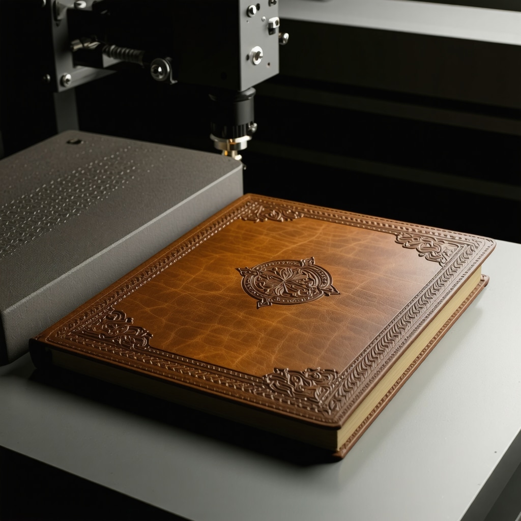 Close-up of embossed leather photo album cover with laser embossing machine in artisan workshop