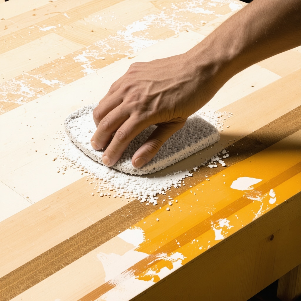 Master wood finisher applying shellac finish with nanotechnology and chemistry symbols overlay
