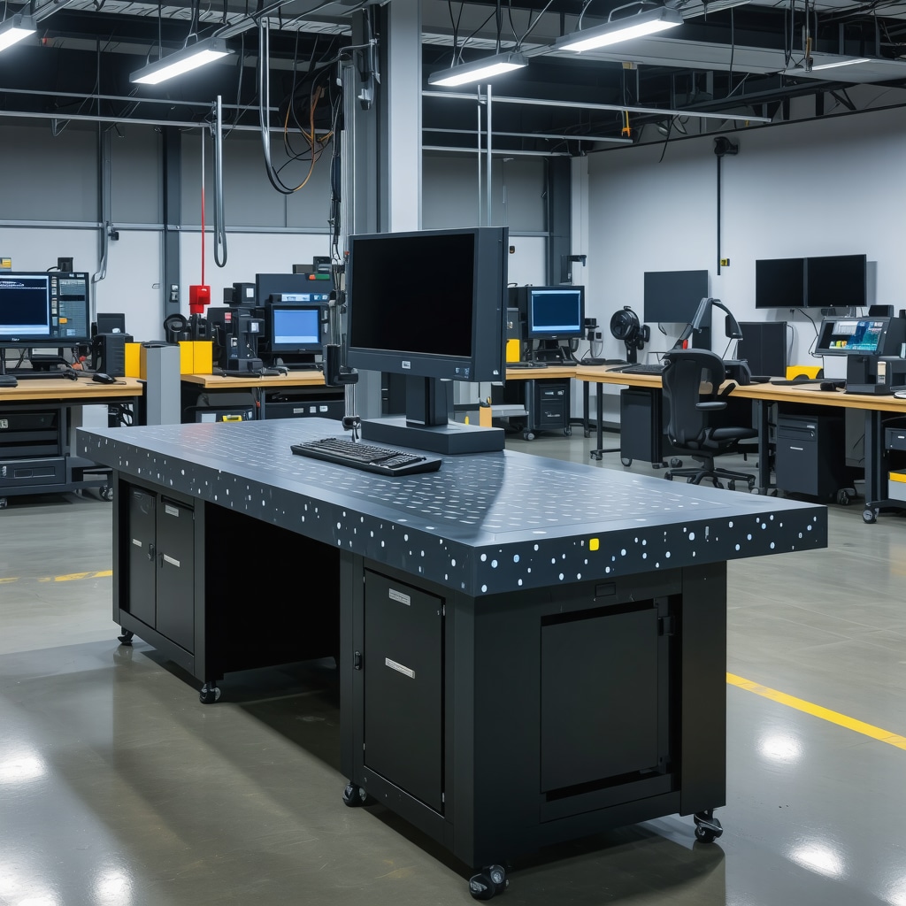 Futuristic ergonomic workbench featuring sensors, adjustable height, and AI controls in a workshop