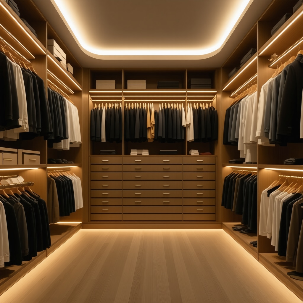 Futuristic custom closet featuring multi-level motorized storage, LED lighting, and digital wardrobe management touchscreen