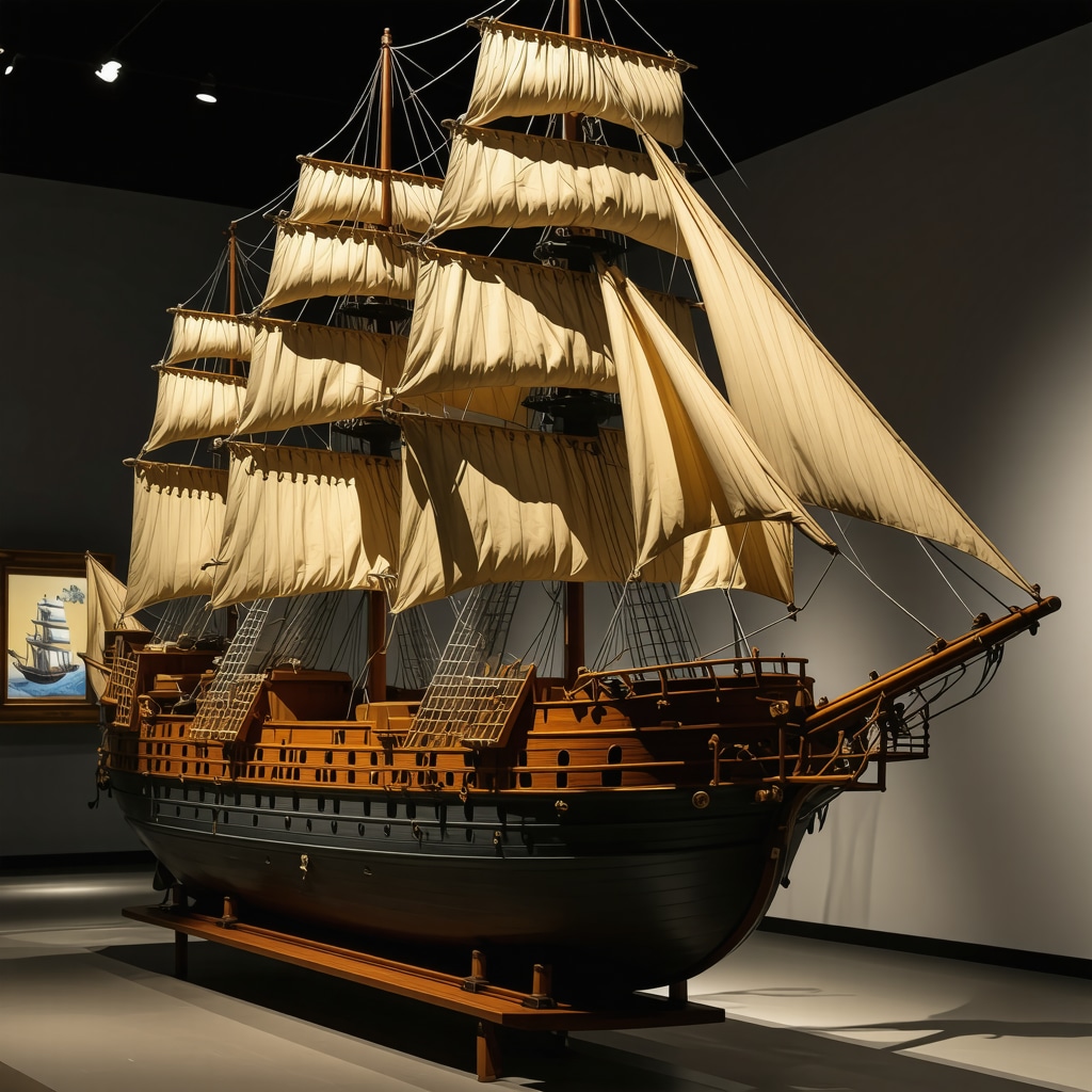 Detailed historic sailing ship scale model with AR overlays in museum display