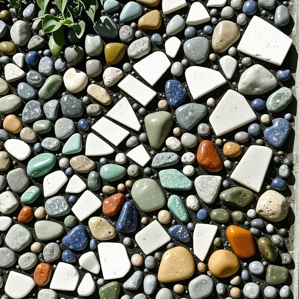 Close-up of garden mosaic combining broken ceramics, glass beads, and stones under natural sunlight