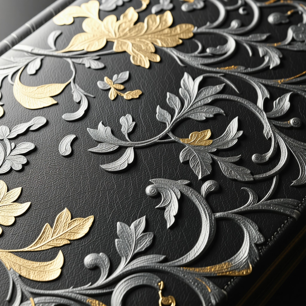 Close-up of embossed leather photo album cover with gold foil and detailed texture