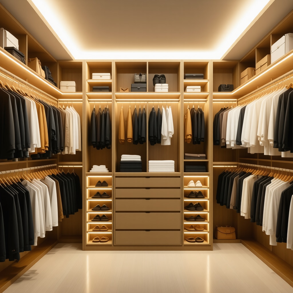 Custom closet interior with layered LED lighting, pull-down rods, and modular shelves