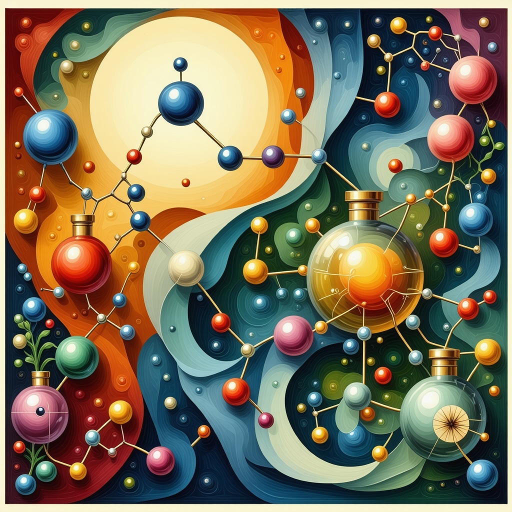 Artistic visualization of perfume molecules with cultural motifs symbolizing fragrance chemistry and global traditions