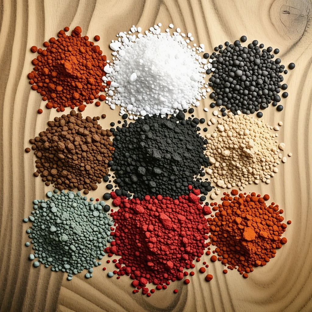 Close-up image of finely ground natural earth pigments displaying various colors and mineral textures on wood