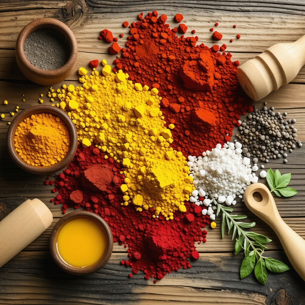 Close-up of natural earth pigments with grinding tools and natural binders on wooden surface