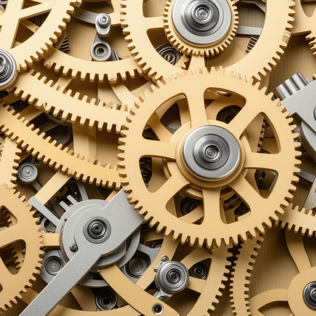 Close-up of precision wooden gears with brass bushings and cam-driven linkages in motion