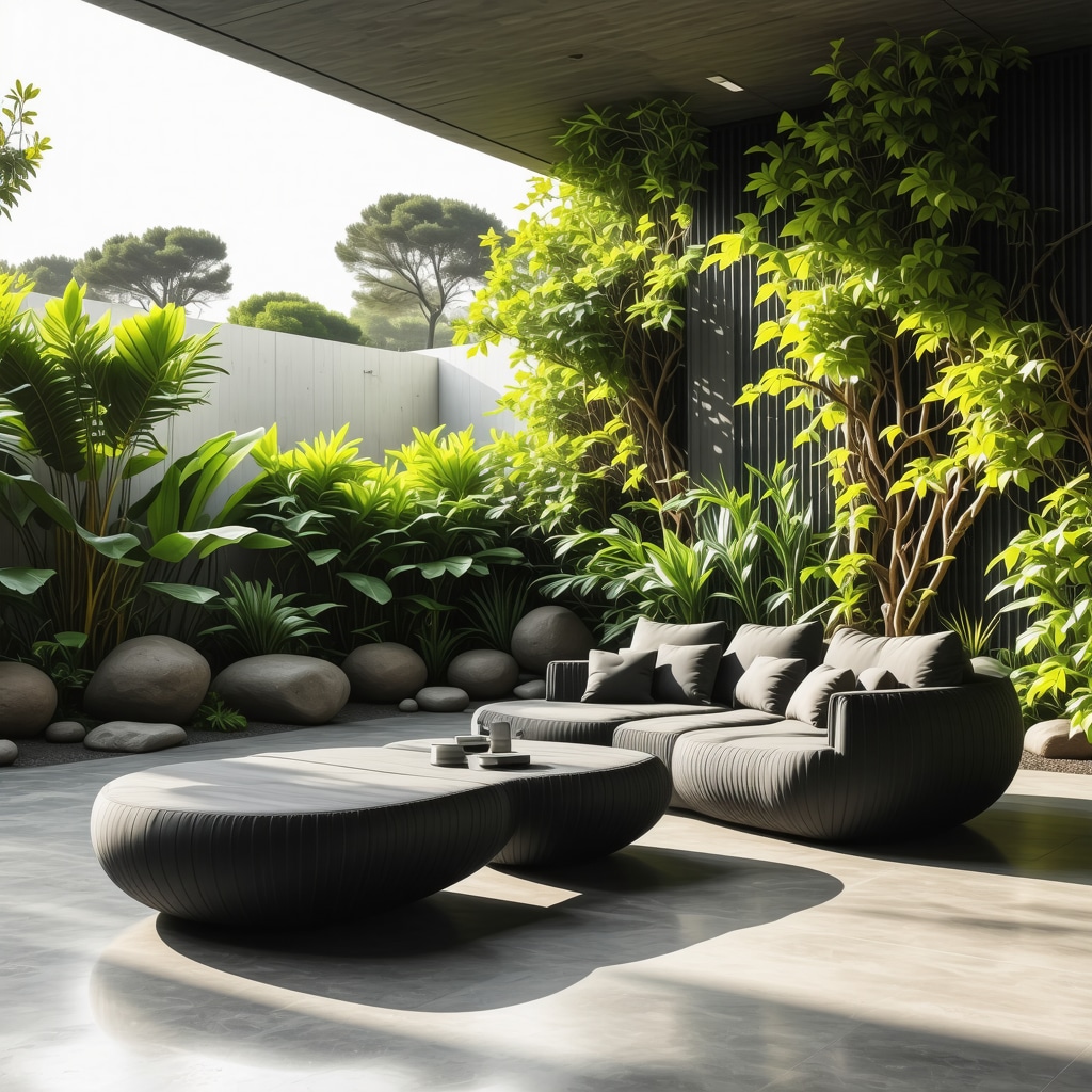 Modern outdoor furniture constructed from recycled plastic with integrated smart sensors and seamless joints in a garden