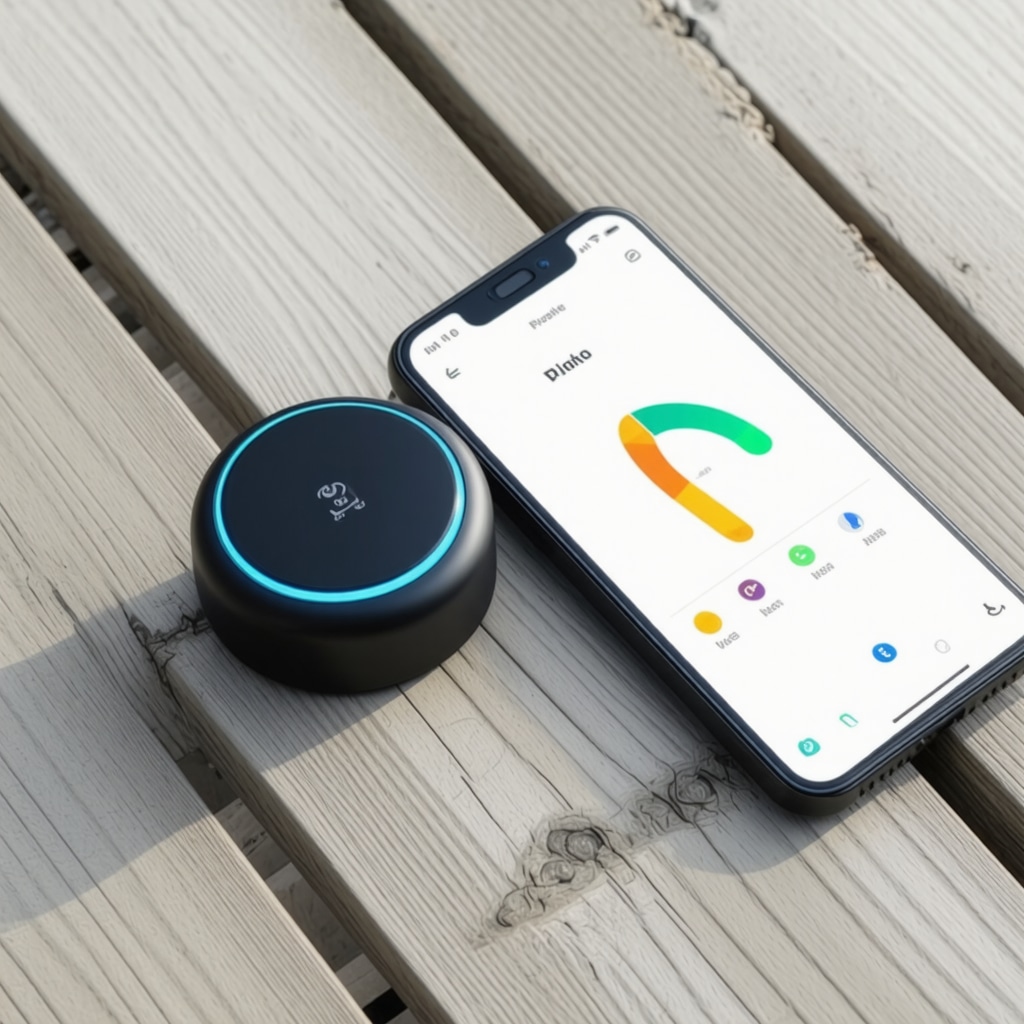 Smart sensor monitoring moisture and UV exposure on wooden deck with smartphone app