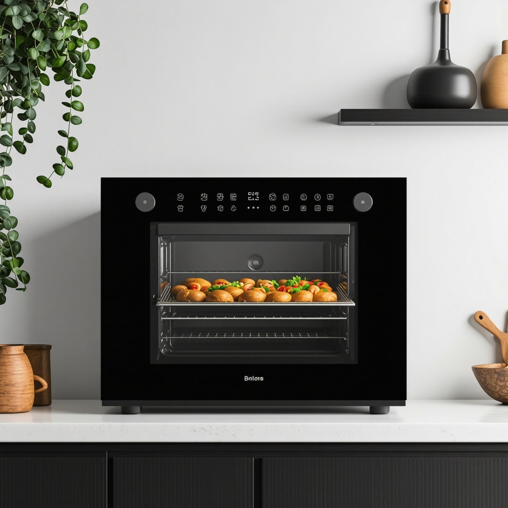 Electric oven digital control panel with diagnostic data and IoT icons in modern kitchen