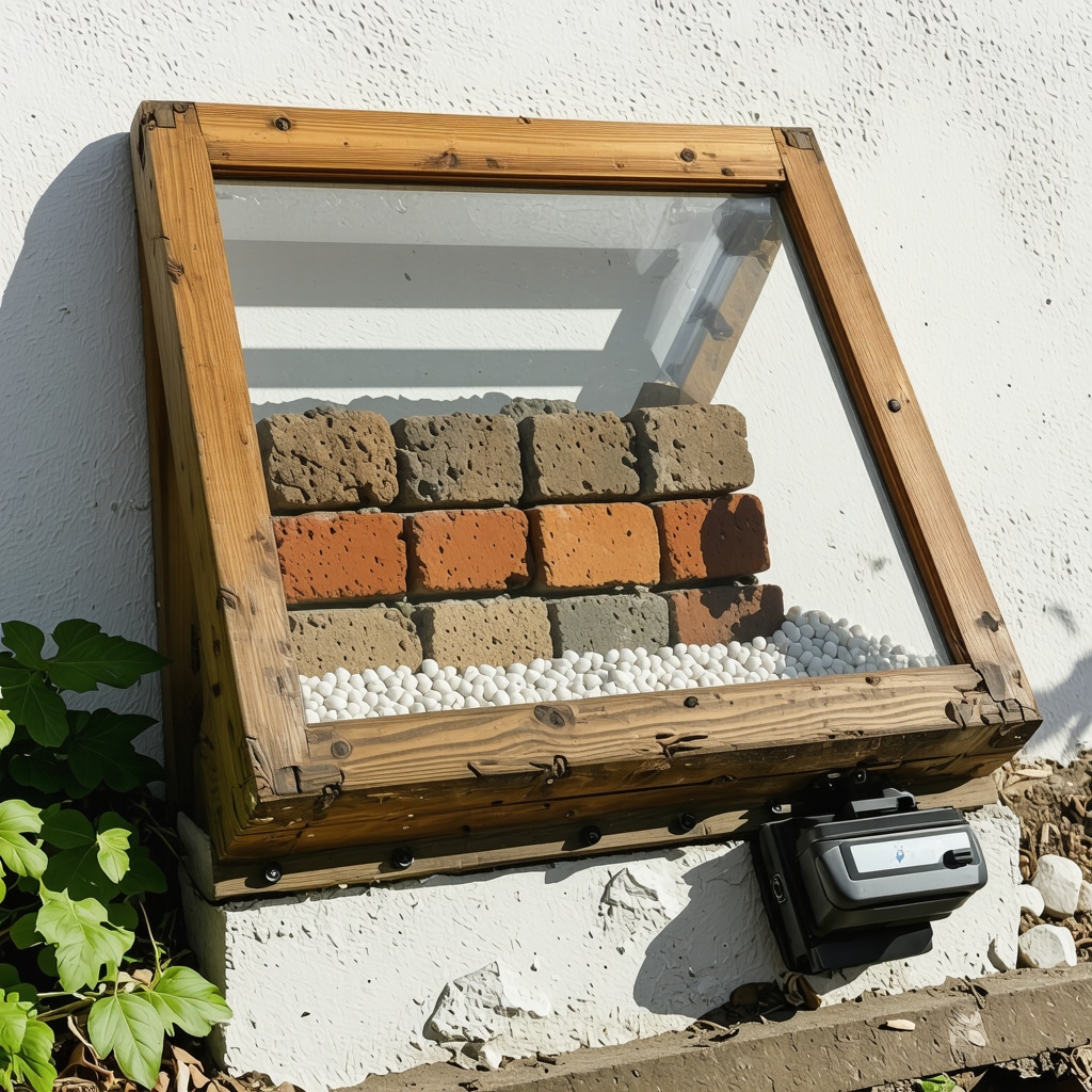 Upcycled wooden window cold frame featuring thermal mass bricks, reflective gravel, and automated vent opener in a garden