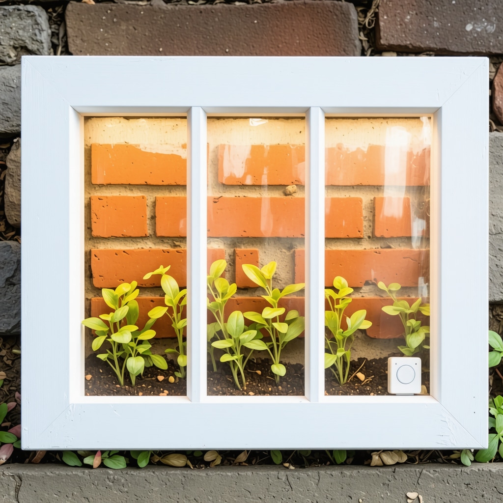Close-up of an upcycled wooden window cold frame with bricks and sensors nurturing seedlings