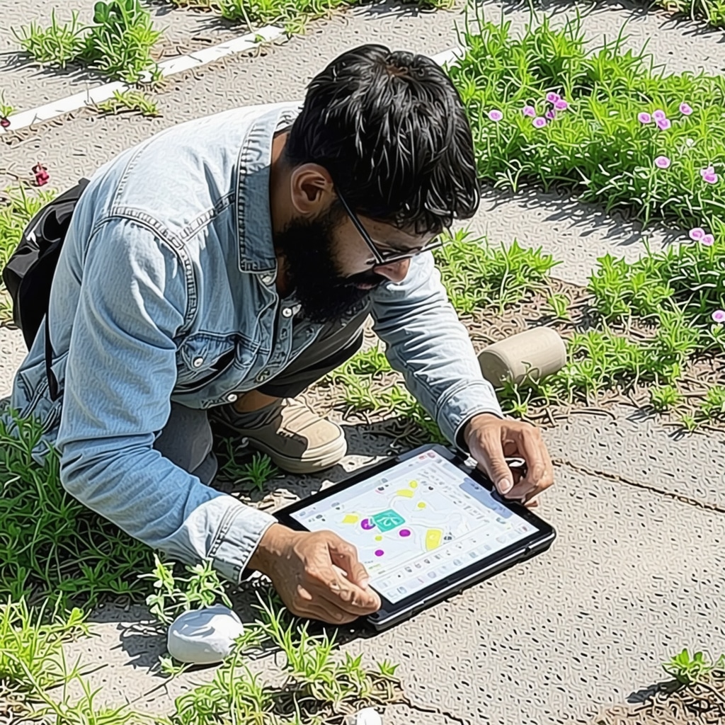 Urban guerrilla gardener consulting GIS maps on a tablet to optimize seed bomb placement among city wildflower patches and infrastructure