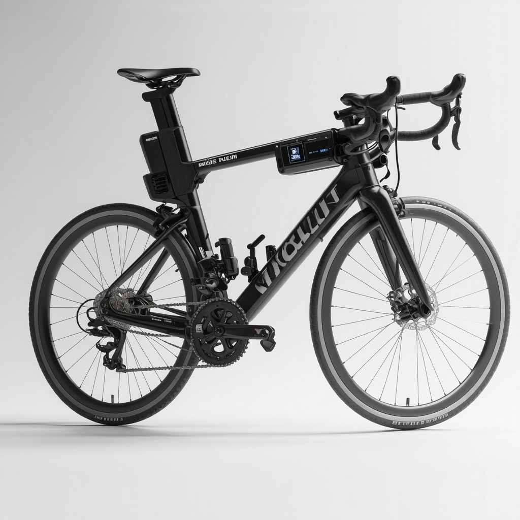 Bicycle-powered generator featuring carbon-fiber parts, biomechanical sensors, and a digital interface showing power metrics