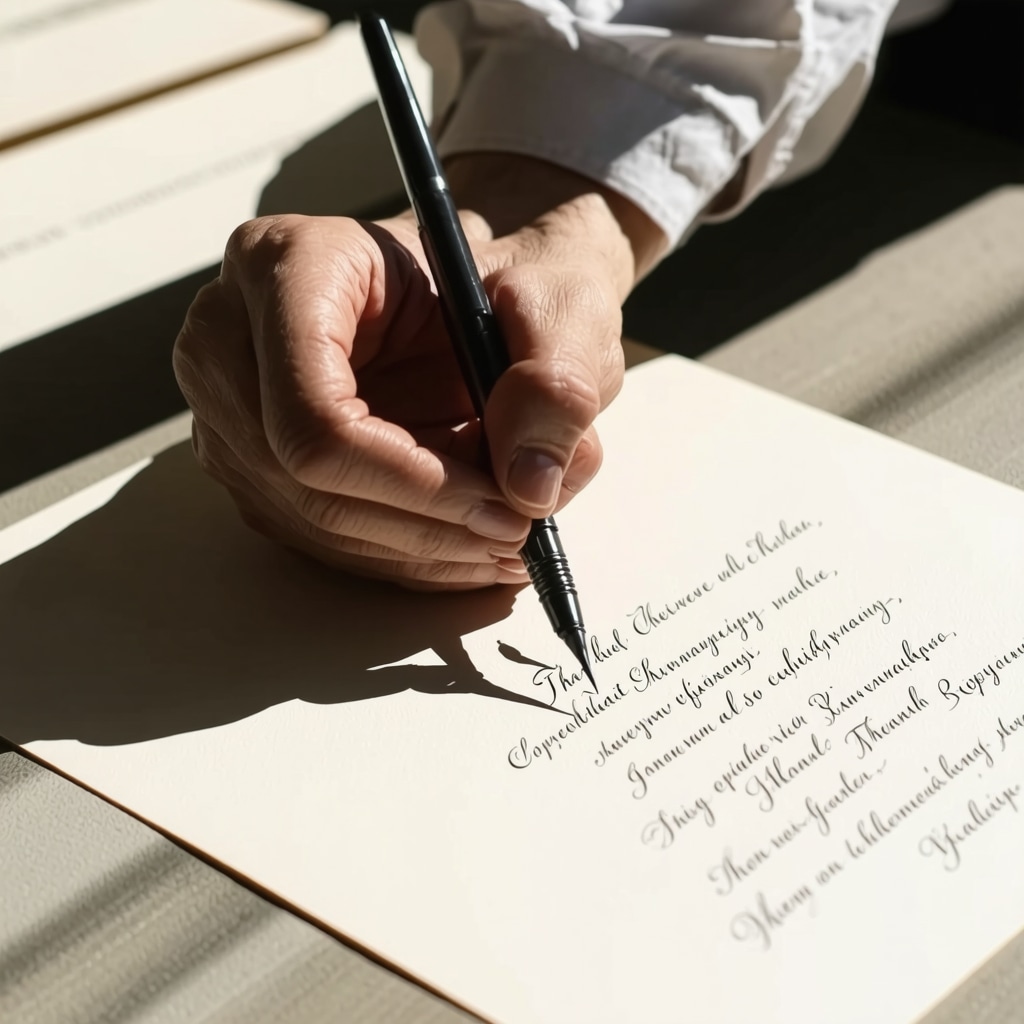Calligrapher's hand holding oblique pen holder writing Copperplate calligraphy on textured paper