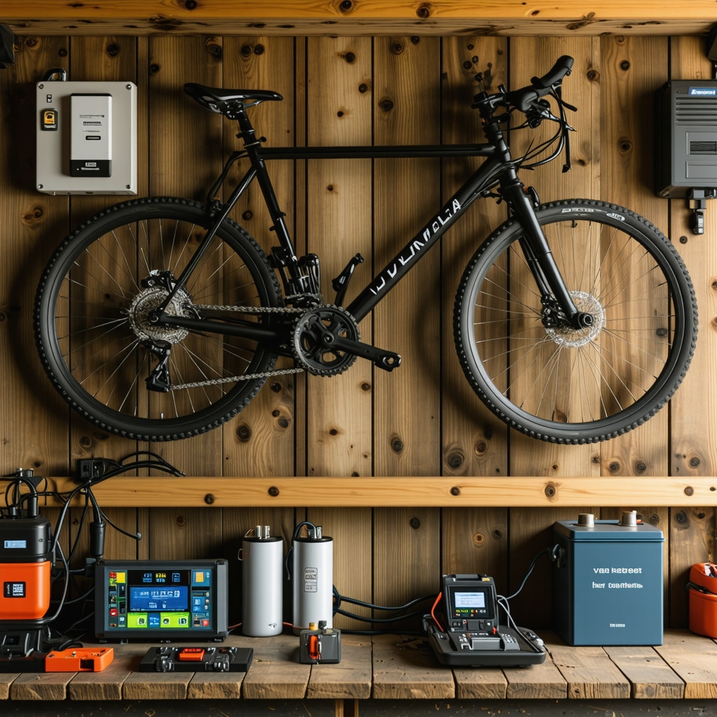 Diagram of a sophisticated bicycle-powered generator setup with hybrid energy storage and smart electronics
