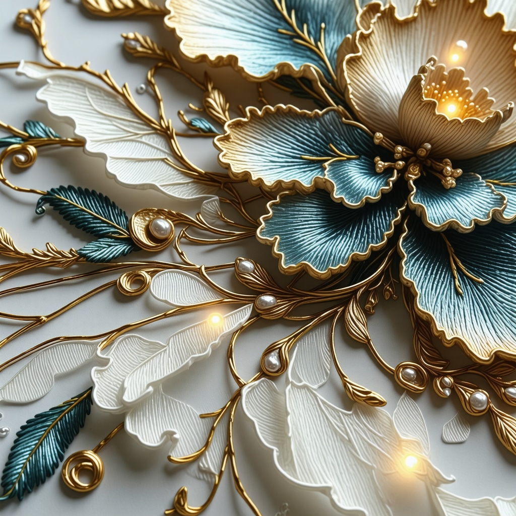 Close-up of goldwork and stumpwork embroidery with metallic threads, organza overlays, and micro-LED lighting