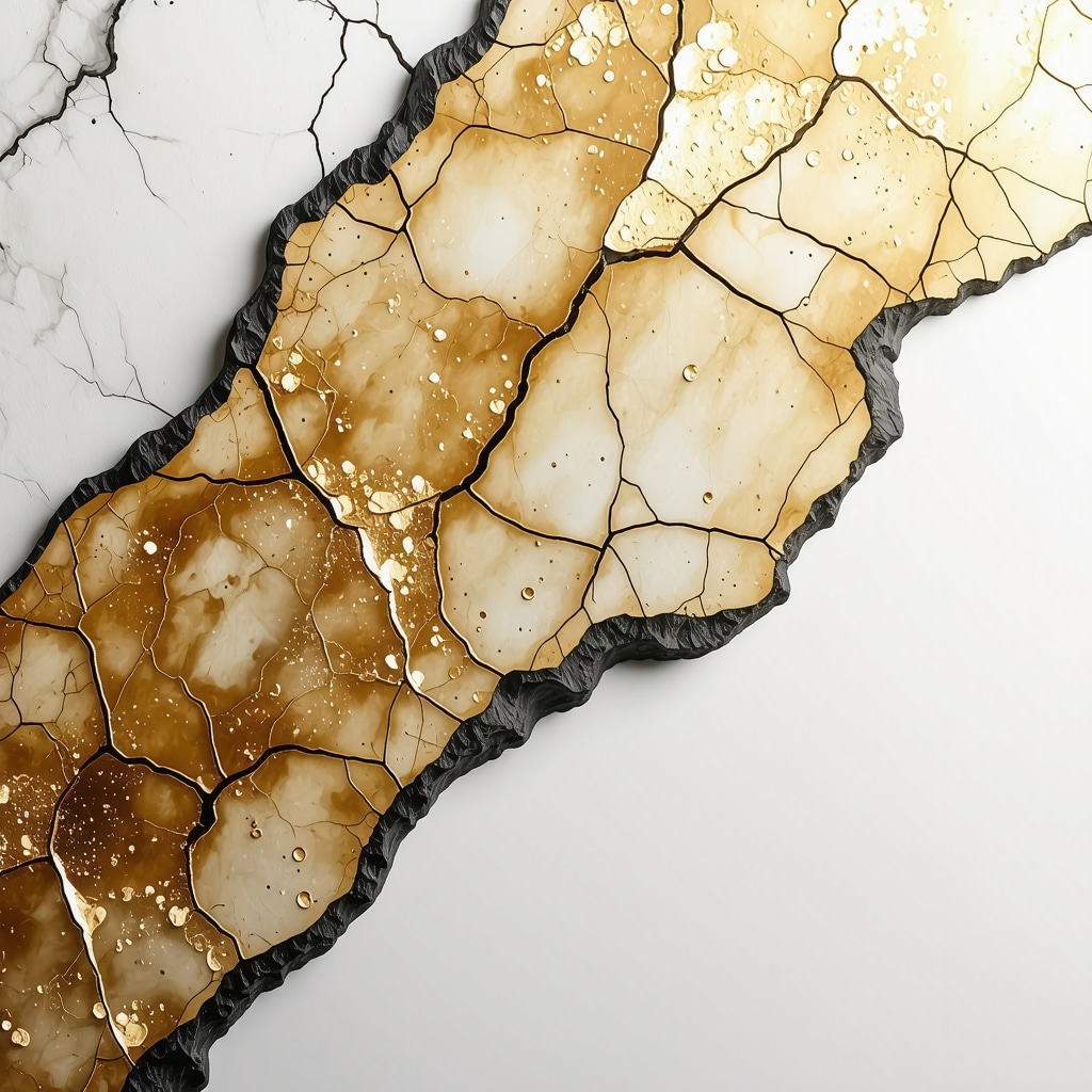 Detailed view of a Kintsugi pottery repair featuring layered gold lacquer with textured depth and shimmering nano-gold particles