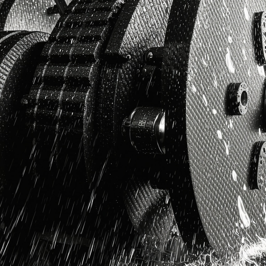 Close-up of a finely crafted miniature water wheel made with carbon fiber and micro-textured paddles glistening with water droplets