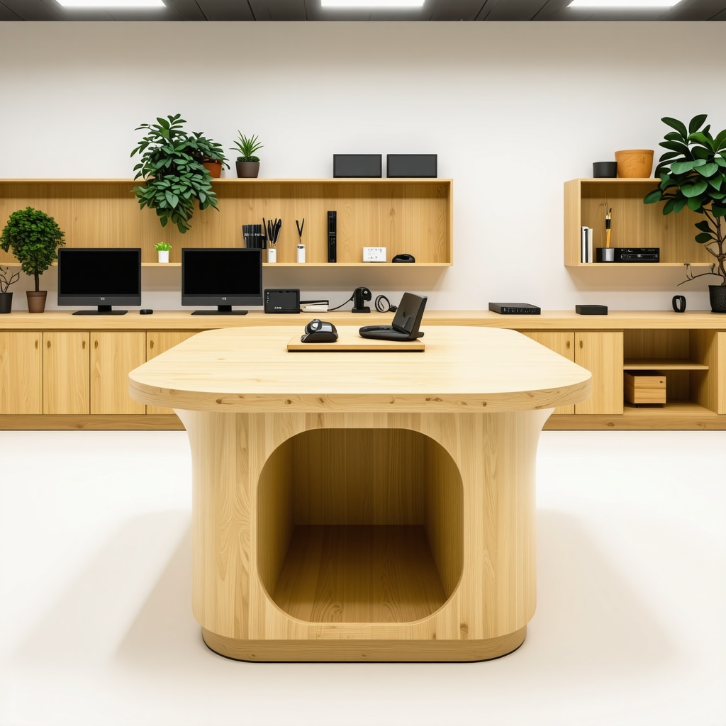 Futuristic ergonomic workbench featuring sensor technology, modular design, and eco-friendly materials in a well-lit crafting space