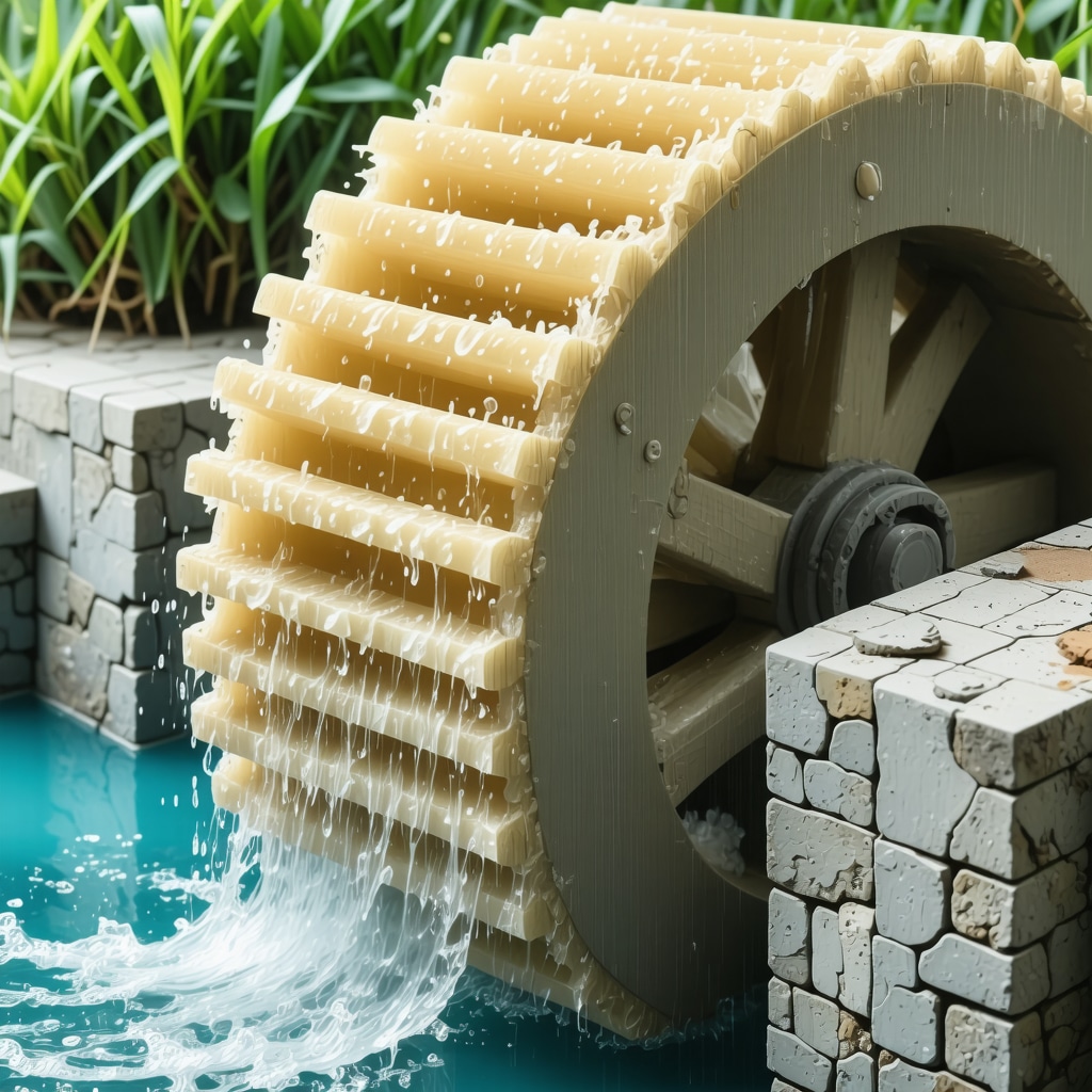 Close-up of a miniature water wheel with laser-cut paddles, nanocoatings, and digital CFD flow visualization