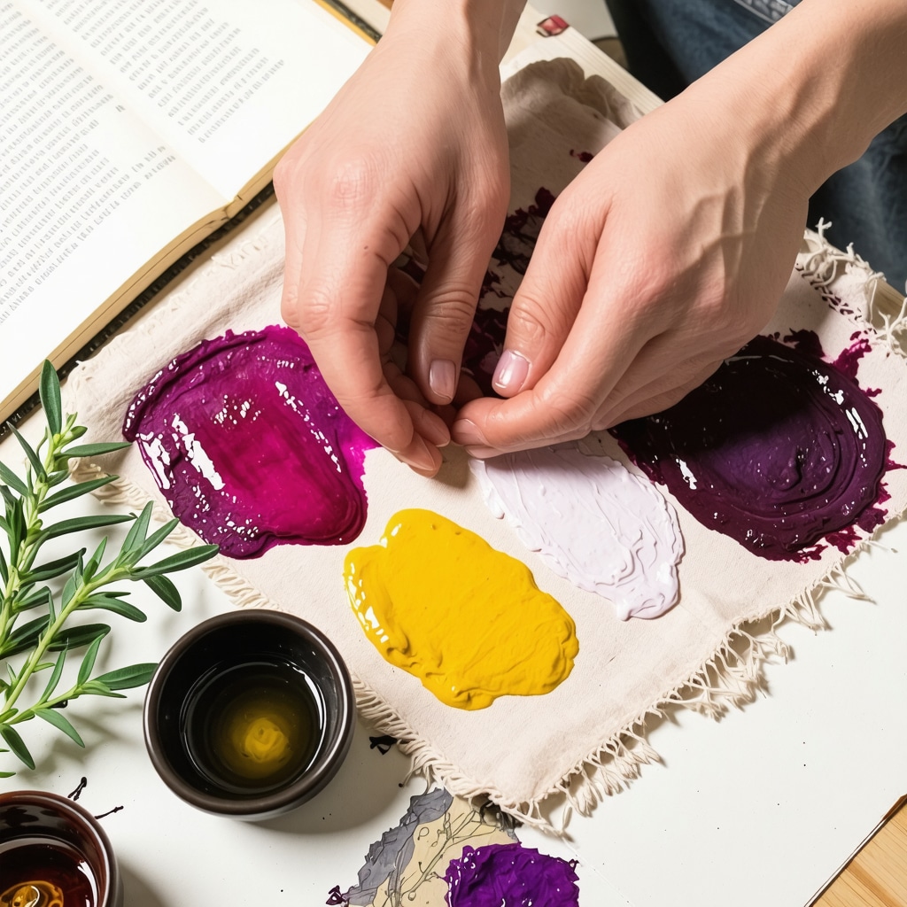 Hands layering fabric with natural dyes surrounded by plants and a notebook detailing dye experiments