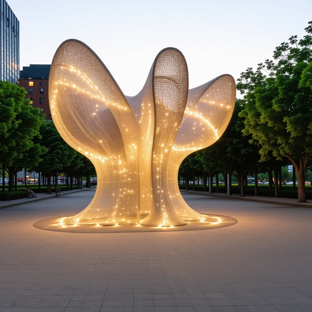 Large-scale wire mesh sculpture featuring LED lights and kinetic components in an outdoor urban setting
