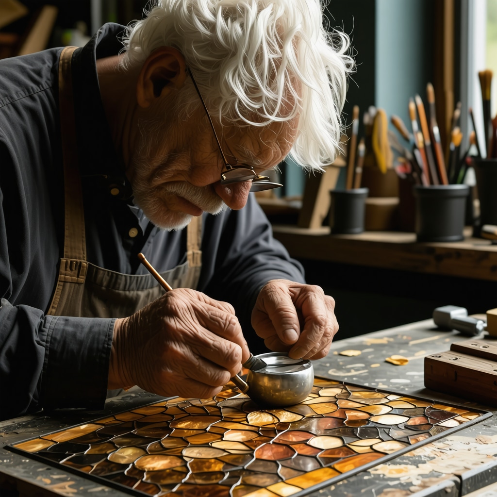 Artisan carefully applying copper foil to detailed stained glass edges using magnification and fine burnishing tools