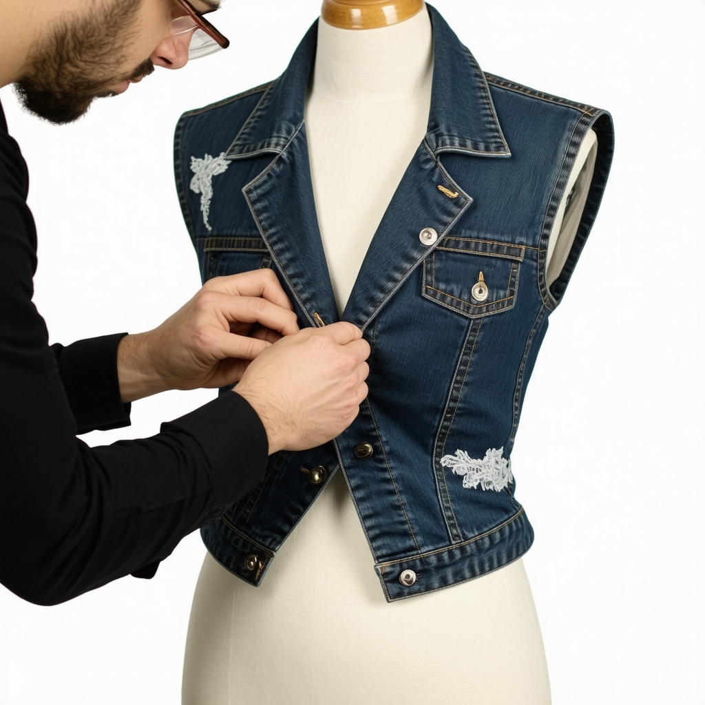 Close-up of artisan draping and pinning a denim and lace hybrid jacket on a dress form, emphasizing fabric contrast and detailed stitching