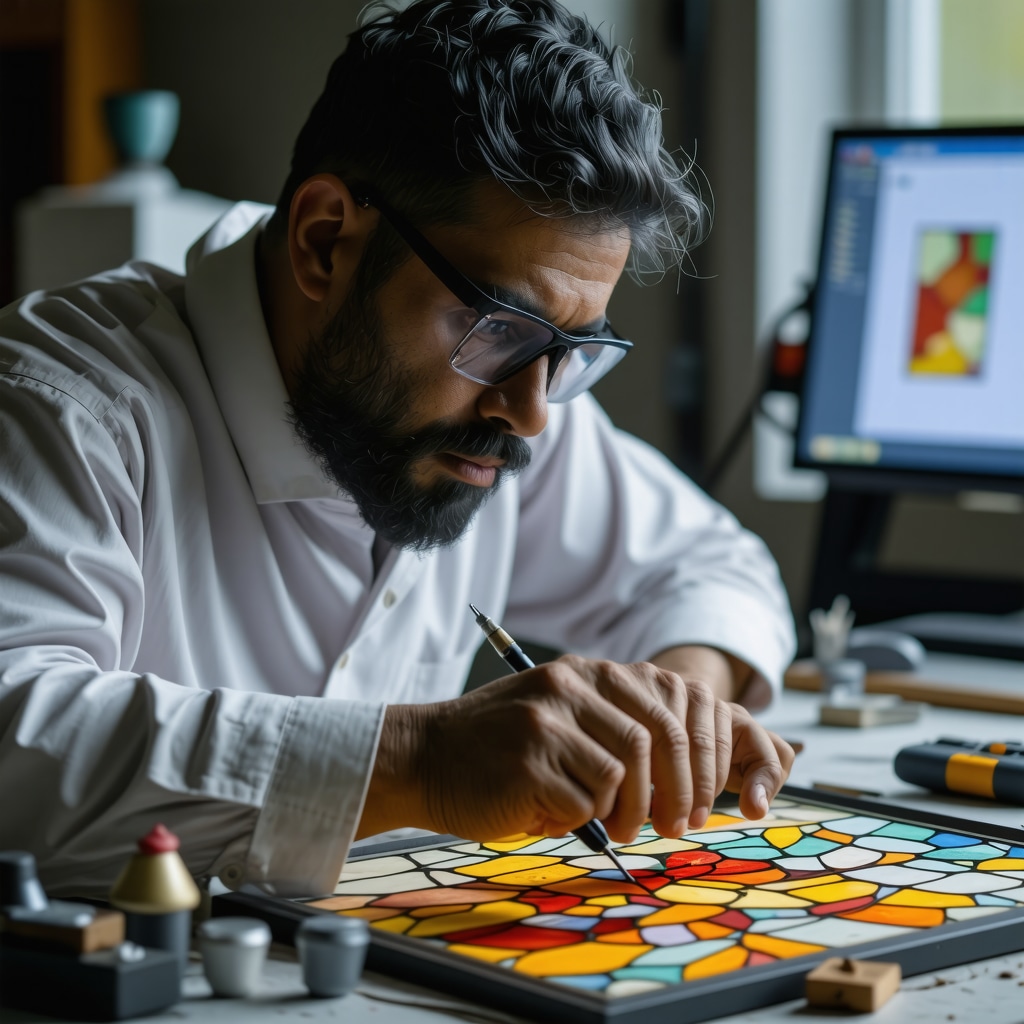 Master stained glass artisan employing augmented reality overlays to enhance copper foil stained glass design and soldering precision