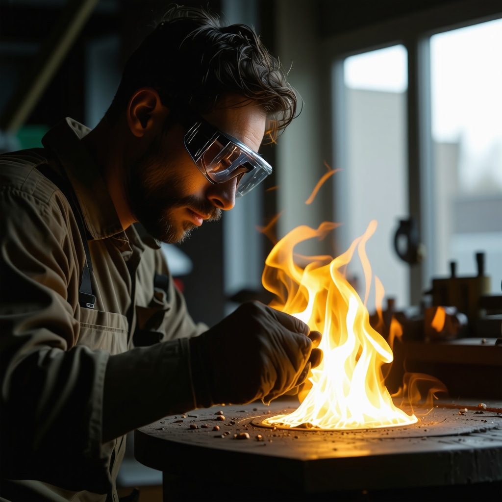 Glass lampworker wearing AR glasses with thermal mapping overlay manipulating molten glass