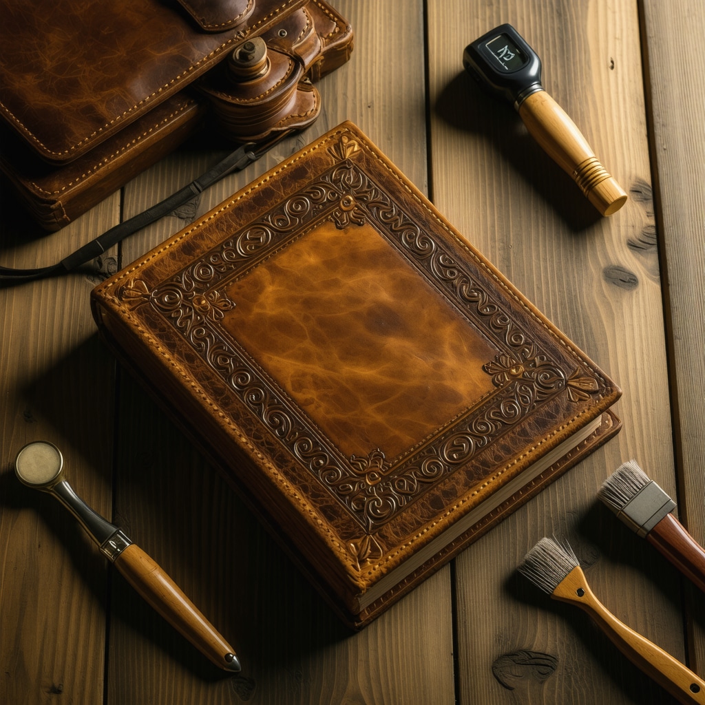 Close-up image of a bespoke leather photo album featuring intricate embossing and leather care products on a wooden surface