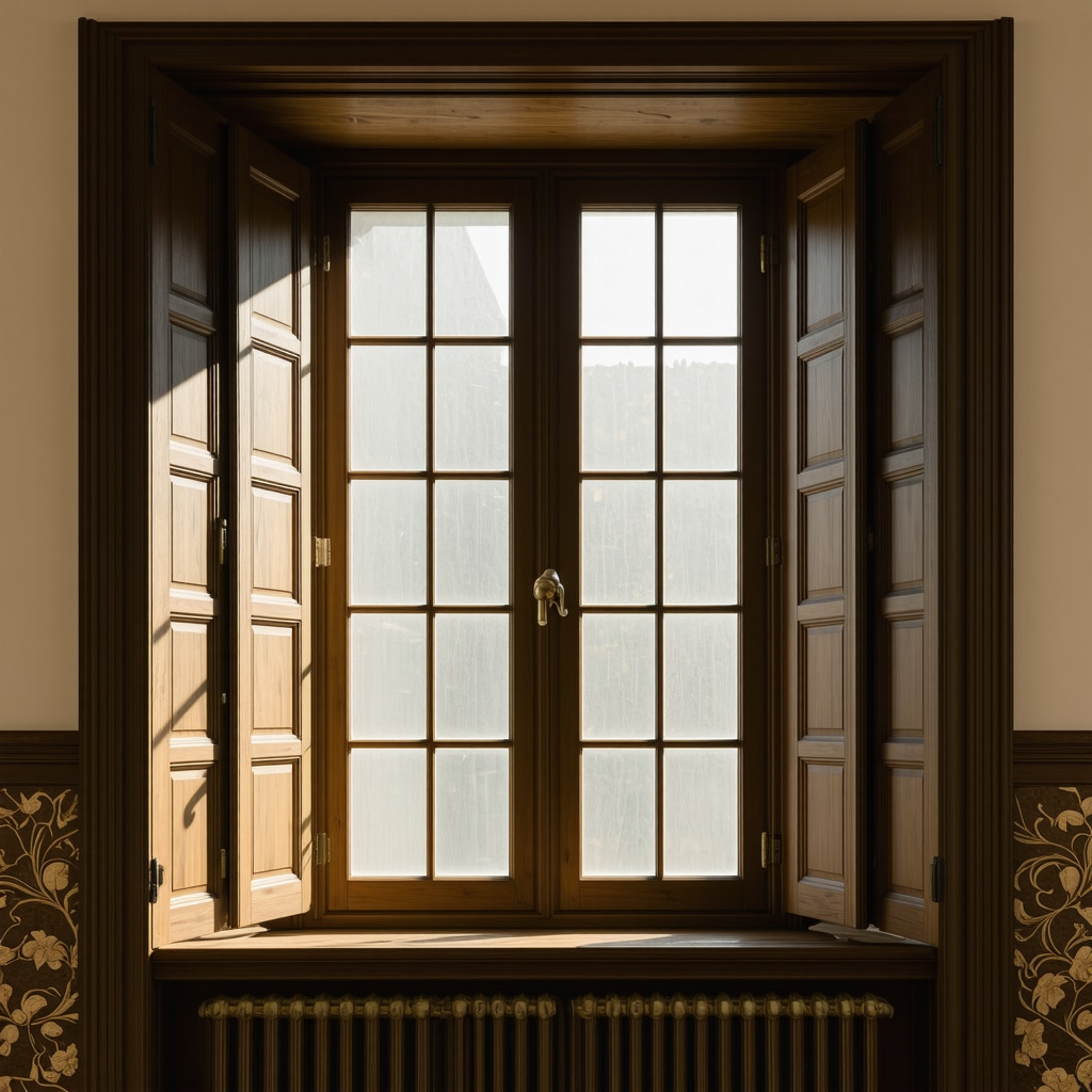 Close-up of custom interior window shutters highlighting detailed hardware and layered finishes