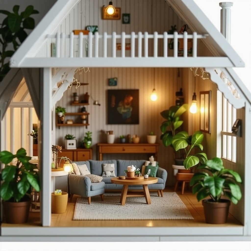 Close-up image of a dollhouse interior illuminated by microcontroller-controlled LED lights with concealed wiring