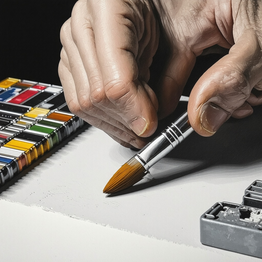 Artist shaping paintbrush bristles with precision tools under magnification