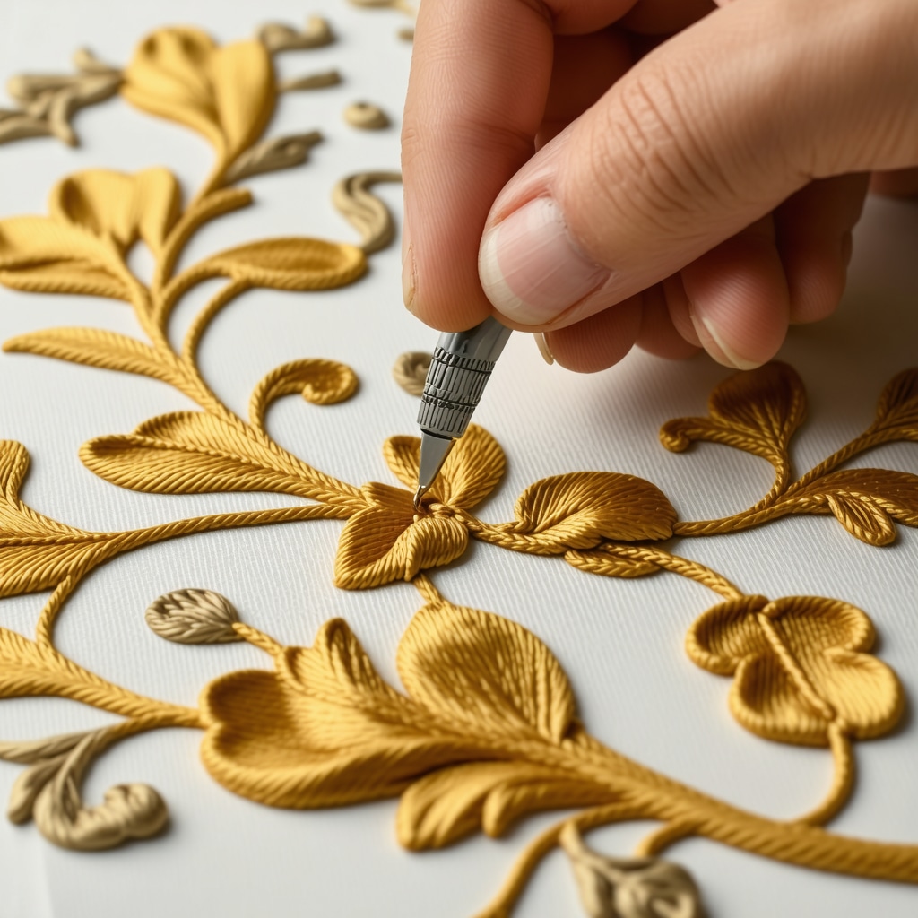 Close-up view of goldwork embroidery featuring layered metallic threads and micro-padding techniques alongside specialized embroidery tools