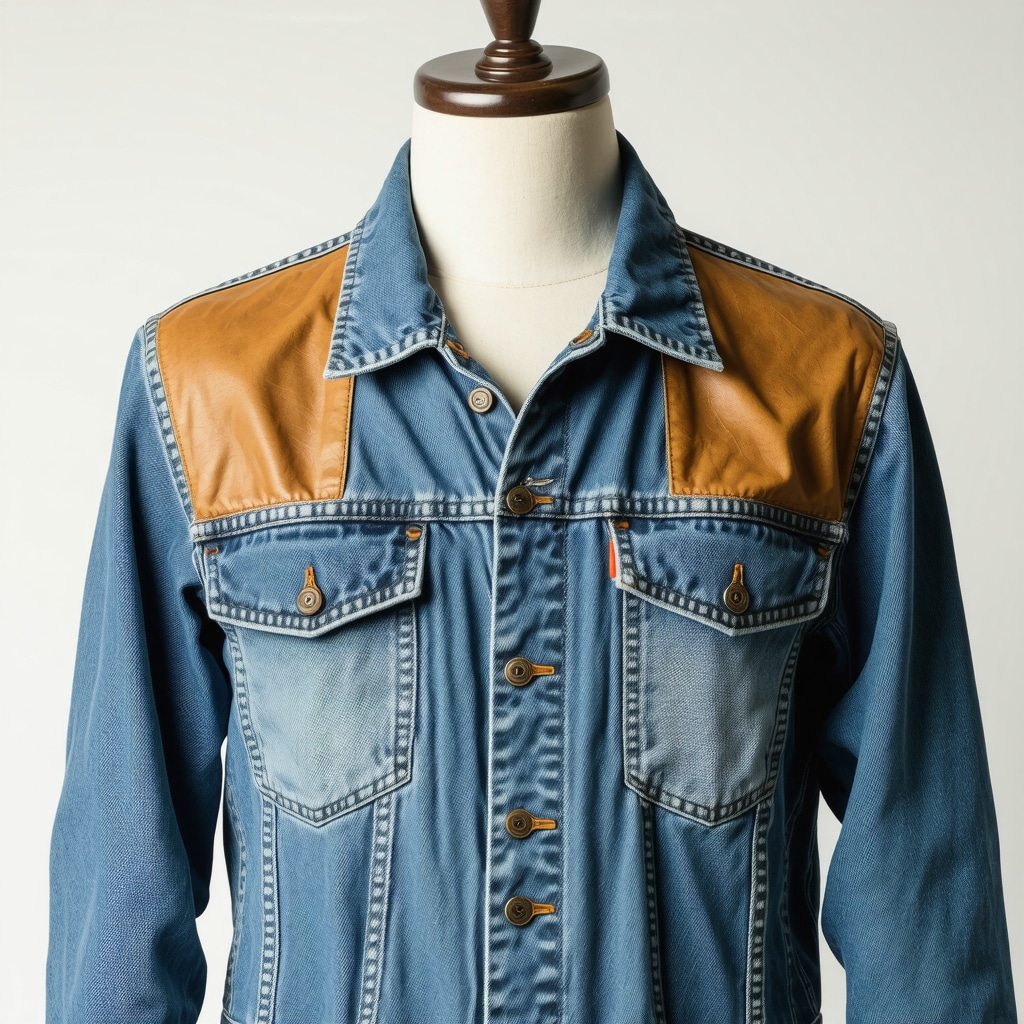 Close-up image of a denim jacket combining leather patches, hemp panels, and precision stitching on a dress form