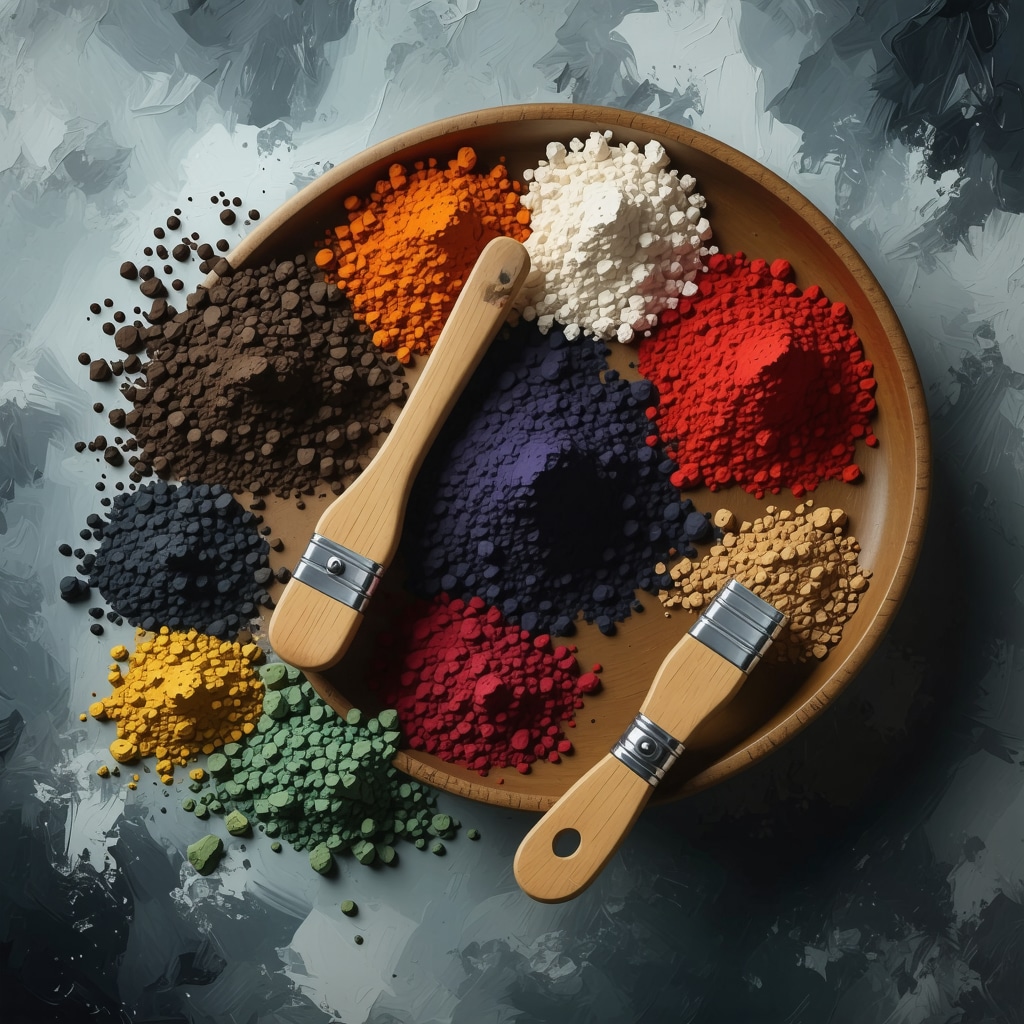 Close-up image of natural earth pigment powders with wooden bowl and brushes